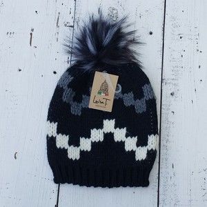 Luisa T. Womens One Size Black White Cable Wool Blend Pom Pom Hat NEW